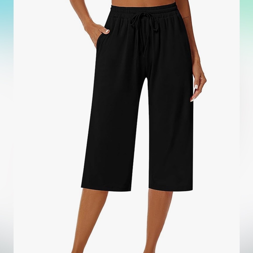 Women's Black Capri Wide Leg Pajama Pants Drawstring Sweatpants